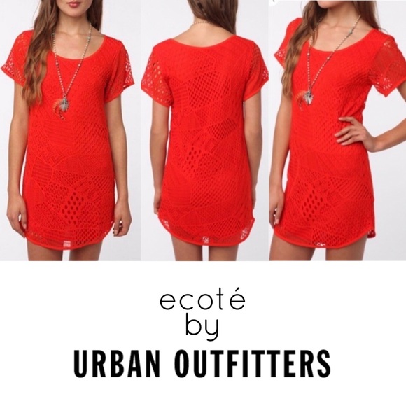 ecoté Dress Patchwork Crochet Orange Short Sleeve